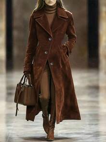 高级麂皮风衣 - 长款收腰西装领外套 | 简约秋冬通勤夹克 | 都市职业女性的复古办公休闲装 - 深棕色 - 查看 8