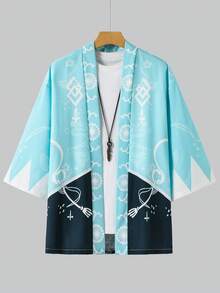 Anime Inspired Kimono Jacket, 3/4 Sleeve, Loose Fit, Windbreaker, Blue-Green Japanese Style - Mint Blue - View 2