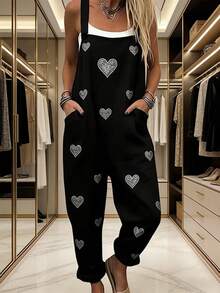 Rhinestone Heart All-Over Print Women's Adjustable Strap Jumpsuit, Polyester Fiber Fabric, Lightweight And Breathable, Women's Clothing, Standard Size Jumpsuit, Plus Size Women's Clothing, Plus Size Jumpsuit And Romper, Plus Size Jumpsuit - Nhiều màu - Xem 1
