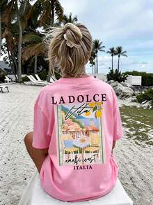 Women's Casual Plus Size Regular Sleeve Regular Length Round Neck T-Shirt, Printed With Italian Amalfi Coast Scenery Pattern, For Ladies Pink Summer - Pink - View 4