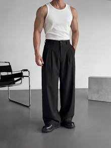 GRDR Solid Color Slanted Cut Straight Leg Casual Pants, Button & Zipper Closure, Draping Effect Slimming Straight Leg Sweatpants For Daily Commute - Black - View 2