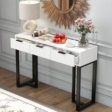 Modern Console Table With Drawers, Gold Frame, Adjustable Footrest And Elegant Handles (White + Black) - White - View 1