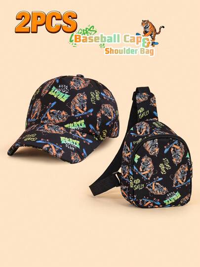 2pcs Cartoon Skateboard Print Baseball Cap & Chest Bag Set, Cool & Stylish, Fashion Versatile, Sun-Shading Cap, Adjustable Strap For Daily Use, Suitable For Outdoor Picnic And Commute