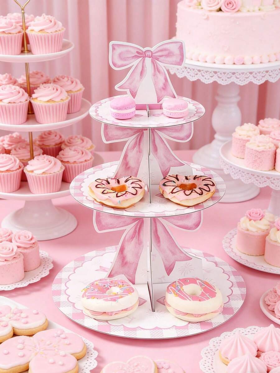 1 Set Pink Bow Baby Party Multi-Tier Cake Stand And Cake Decorations, Multi-Tier Cake Stand, Birthday Party Decorations, DIY Cake Decorating Supplies, Dessert Food Cake Edge Decor, Birthday Baby Family Holiday Party Restaurant Kitchen Decor, Home Decor, Pink Princess Birthday Party Decorations - Multicolor - View 1