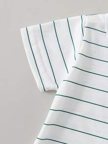 男婴条纹短袖连体衣和背带裤两件套，夏季 - 綠色 - 查看 5