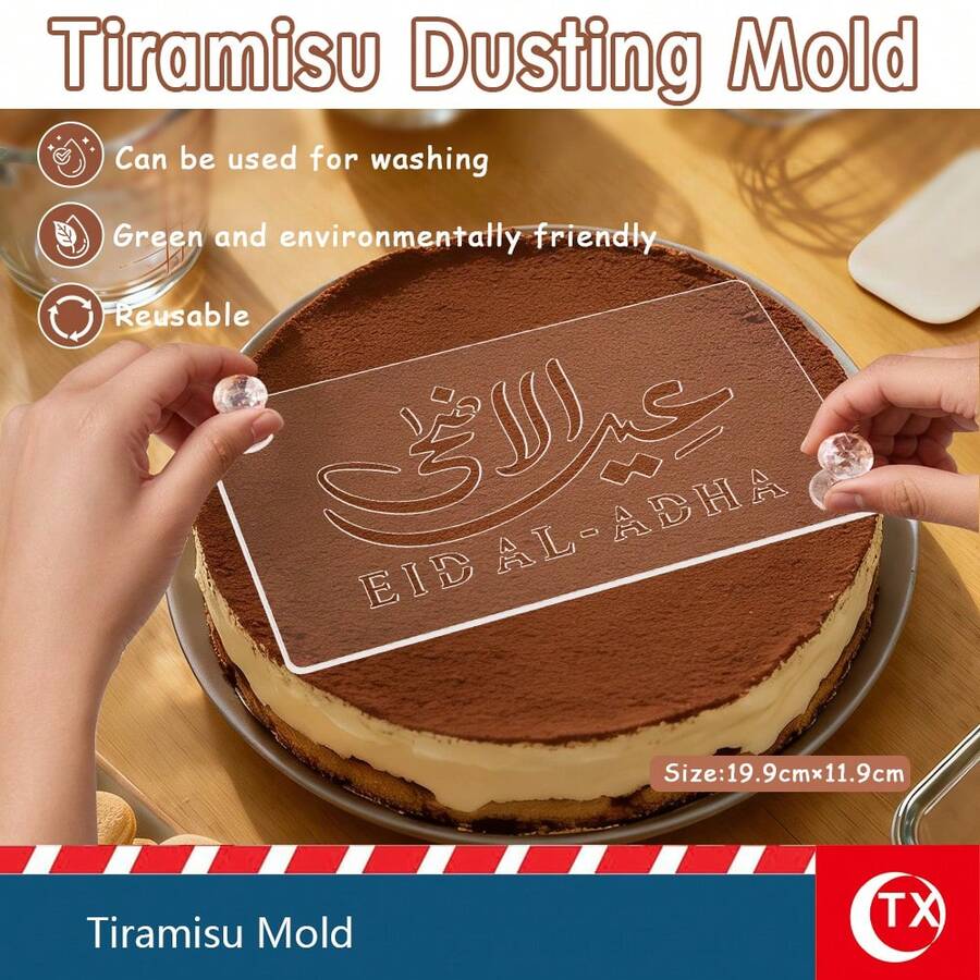 1 tấm phim acrylic trong suốt in hình Tiramisu. Tấm bìa in logo món tráng miệng Tiramisu kèm khuôn rỗng ghi lời chúc ngắn. Khuôn trang trí bánh Tiramisu cho lễ Eid Al-Adha, thích hợp làm quà tặng sinh nhật, quà tặng cuối tuần, quà tặng ngày lễ, quà chúc mừng đính hôn, quà tặng trang trí tạo không khí ấm cúng cho gia đình trong tháng Ramadan.