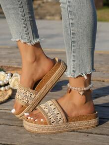Sandal Selop Wanita Anyaman dengan Dekorasi Rhinestone dan Sol Tebal, Sandal Selop Musim Panas Nyaman dengan Sol Tali Anyaman dan Alas Gabus Imitasi, Sandal Gaya Bohemian, Sandal Kasual - Krem - View 5