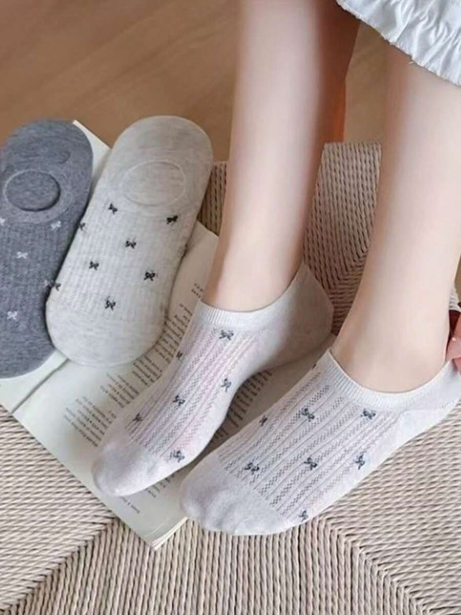 5双装女士夏季薄款透气蝴蝶结船袜，女士隐形袜，简约百搭，适合外出和居家穿着 - 彩色 - 查看 1