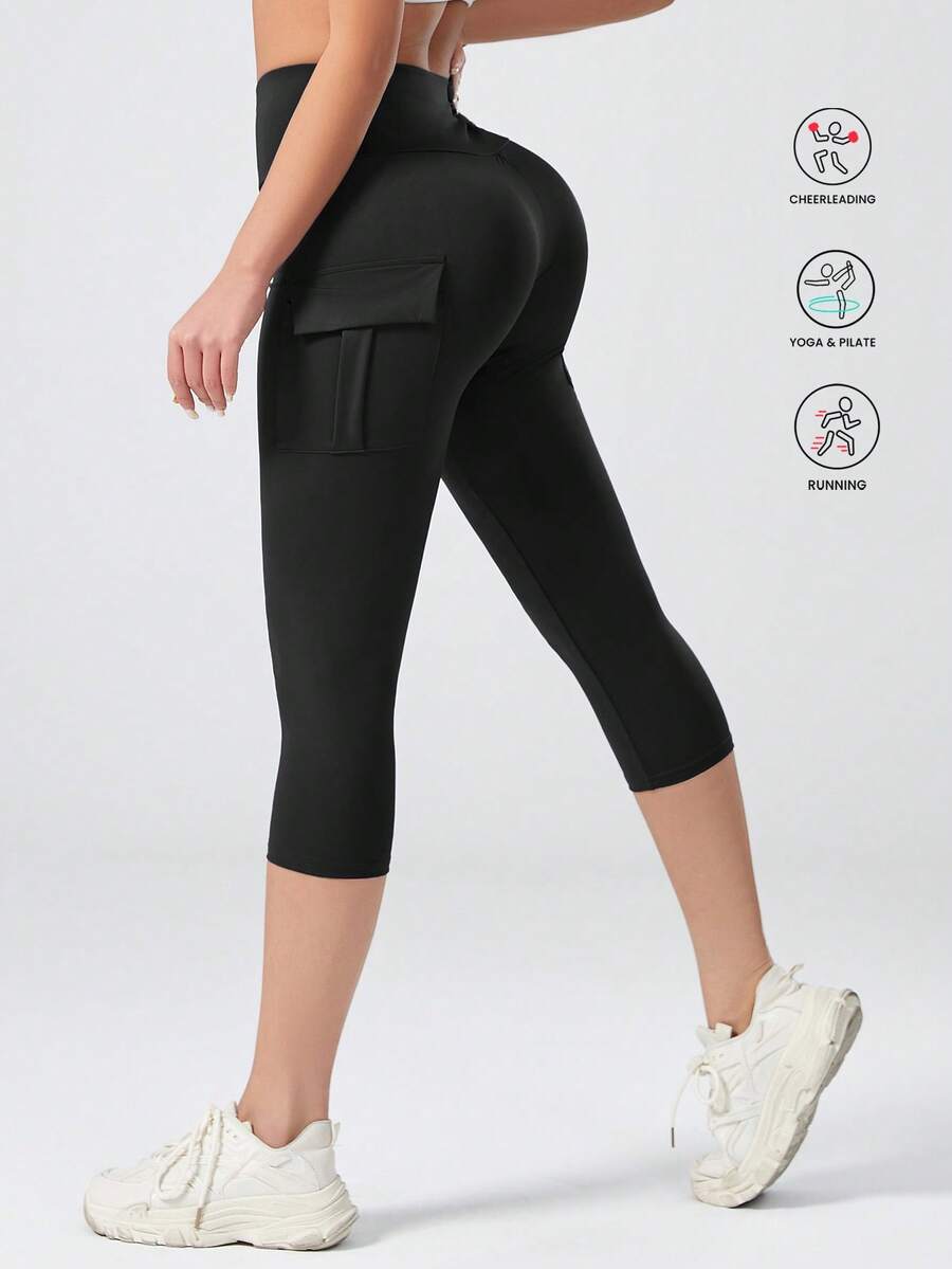 High Waist Fitted Flare Yoga Pants With Pockets, Casual Loose Wide Leg Trousers, Women Black - Black - View 1