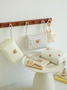 1pc Quilted Stroller Hanging Bag, Embroidered Bear Maternity Diaper Bag, Newborn Gift - Multicolor - View 12