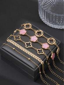 Bộ 5 vòng tay đính đá hình cỏ ba lá và máy bay rỗng cổ điển dành cho nữ, màu hồng, kiểu dáng lá may mắn, có thể đeo chồng lên nhau (Không kèm hộp quà. Do cắt thủ công, số lượng hạt trên dây chuyền là ngẫu nhiên nhưng chiều dài cố định, không ảnh hưởng đến hiệu quả khi đeo). - Nhiều màu - Xem 2