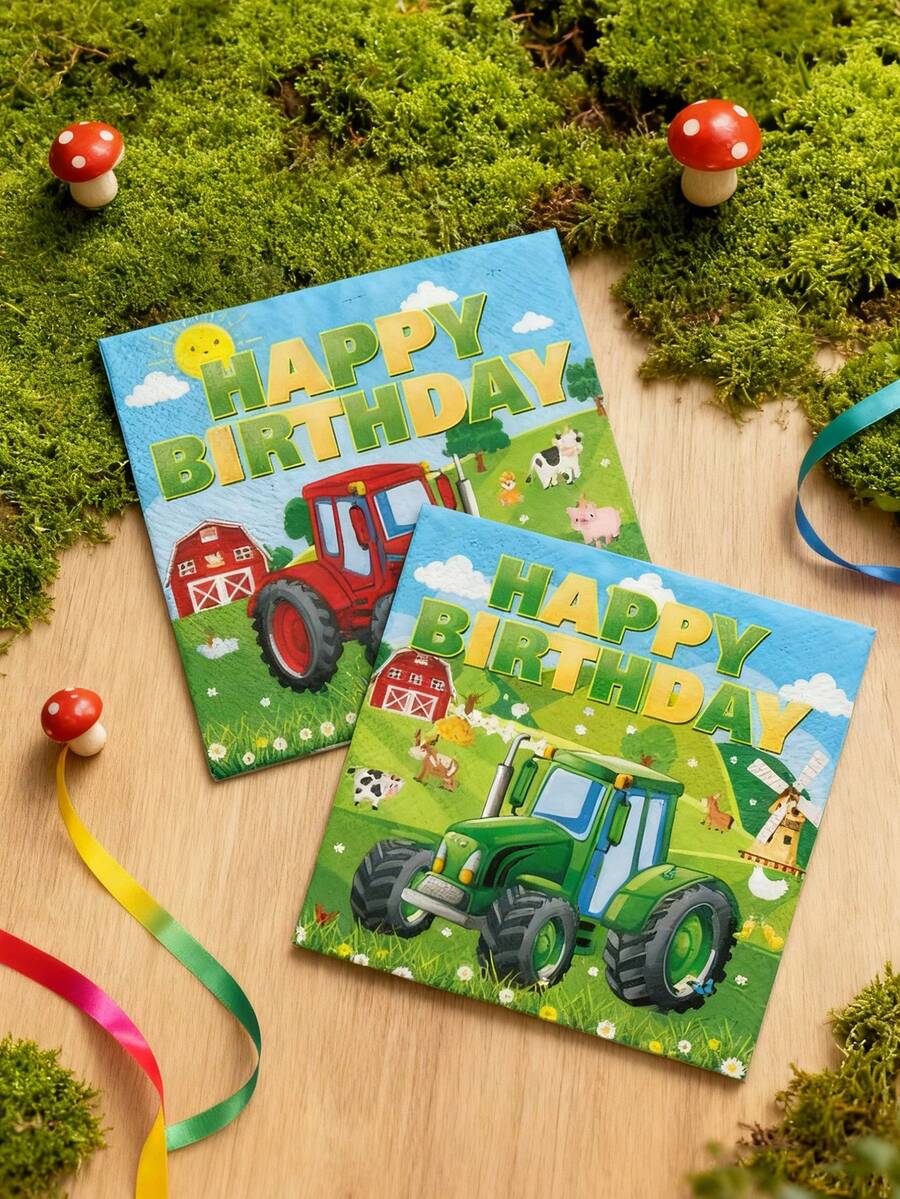 48 khăn ăn dùng một lần in hình máy kéo xanh nông trại 13"x13", thích hợp cho tiệc sinh nhật, lễ kỷ niệm chủ đề nông trại và sử dụng hàng ngày - Nhiều màu - Xem 1