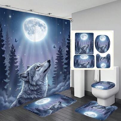 Bộ 1/4 rèm tắm trang trí phòng tắm họa tiết Sói dưới ánh trăng, kèm 12 móc treo miễn phí, tạo không gian nghỉ dưỡng trang nhã. Bộ sản phẩm bao gồm thảm phòng tắm, thảm chữ U và thảm tròn, phù hợp với mọi không gian phòng tắm.