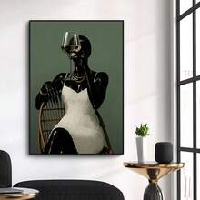 1幅带框/不带框非洲风情时尚帆布海报，描绘一位手持葡萄酒的非洲女孩，风格波西米亚奢华，酒吧推车造型，墙面艺术印刷品，美观别致，适合公寓、客厅、卧室、现代家居装饰。 - A - 查看 3