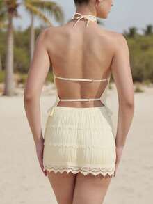 Women Sexy Smocked Two Piece Outfits Y2k Bubble Mini Skirt Set Ruched Halter Tops Sleeveless Backless Camisole Crop Tank Tops And Lace Trim Pleated Ruffle Short Skirts Sets Summer Beach Vacation Party Club Streetwear - Màu be - Xem 2