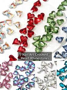 50pcs Crooked Heart Nail Rhinestones, Pointed Bottom Colorful Sparkling Heart & Heart K9 Glass Crystal Nail Art Decorations, Nail Accessories, Glitter Nails Nail Charms - White - View 5