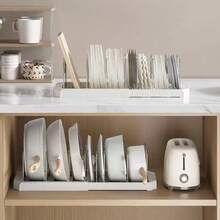 1 Set Adjustable & Expandable Kitchen Organizer Rack - White Metal Pot Lid Holder, Extendable Utensil Drying Rack, For Storing Plates, Bowls & Cookware, Space-Saving Design, Non-Slip Feet, Easy Tool-Free Installation, Multi-Functional Kitchen Storage Solution, Ideal For Small Kitchens & Apartments - Multicolor - View 3