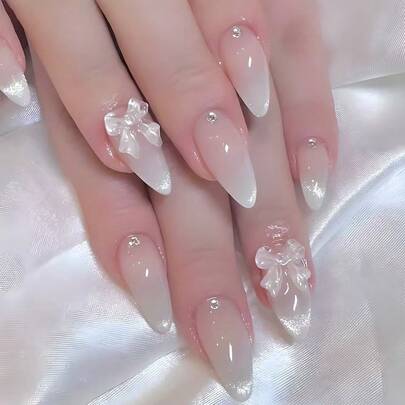 24 móng tay giả hình hạnh nhân dài vừa phải, 1 hộp, kiểu ombre mắt mèo, thanh lịch, tối giản, thiết kế nơ 3D, đa năng dùng hàng ngày, kèm 1 dũa móng và 1 keo dán móng.