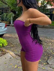 Purple Striped Strapless Fitted Romper - Sexy Clubwear Jumpsuit Summer Elegant - Hot Pink - View 2