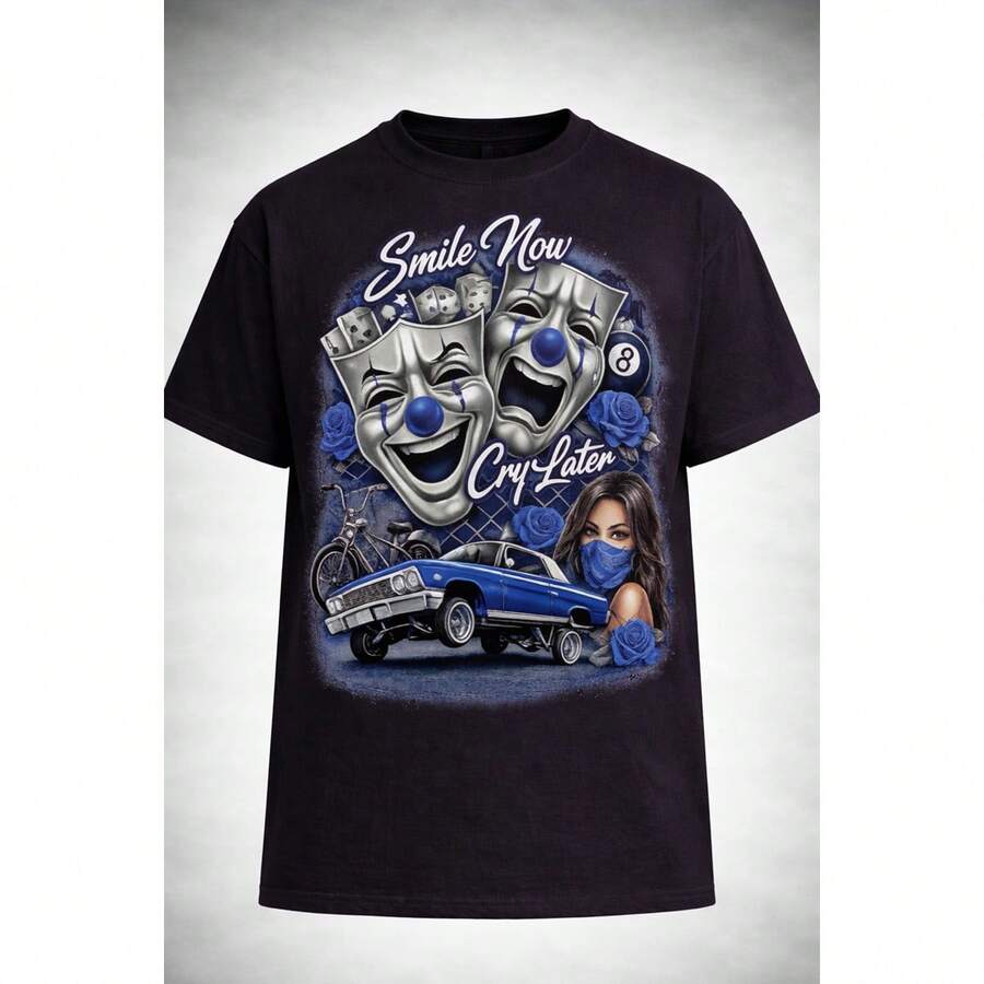 Mens Old School Lowrider Chicano Art T-Shirt HeavyWeight 7.5 Oz 100% Cotton Retro Graphic Tshirt - 黑色 - 查看 1