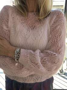 休闲镂空套头针织衫，长袖针织上衣，女士度假必备 - 杏色 - 查看 3