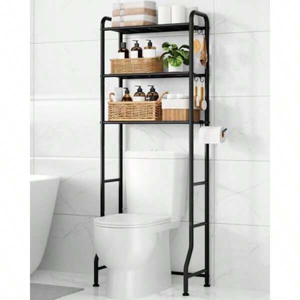 Estantería de almacenamiento sobre el inodoro - Organizador de baño de metal sobre el inodoro con estantes, gabinete de almacenamiento sobre el inodoro con portarrollos y ganchos, gabinete de baño para lavandería, negro, 3 niveles, 160,5 cm de altura