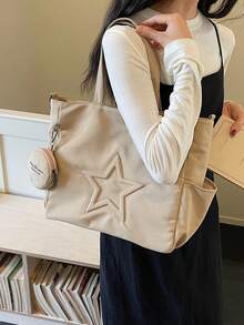 新款时尚休闲帆布材质星形图案多口袋女士手提包带零钱包 - 卡其色 - 查看 3