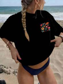 Frühling/Sommer Oversized Top, 100% Baumwolle, Damen Kurzarm T-Shirt, lustige und farbenfrohe Blumenmuster, Rundhals, weich und bequem, lässig, Streetwear, Y2K, Strand, Abschlussfeier, Urlaubstop, Musikfestival, schwarzes Top - Schwarz - Übersicht 2