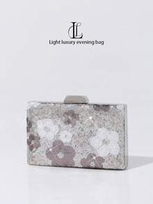 Women's Floral Sequin Evening Clutch Bag, Silver Glitter Square Box Bag, Wedding Party Prom Crossbody Bag (Random Pattern) - Silver - View 2