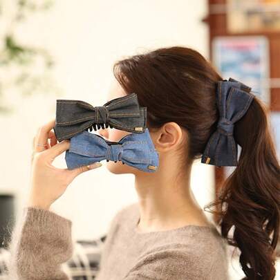 Kẹp tóc nơ denim - Phụ kiện tóc nơ denim cổ điển dành cho nữ