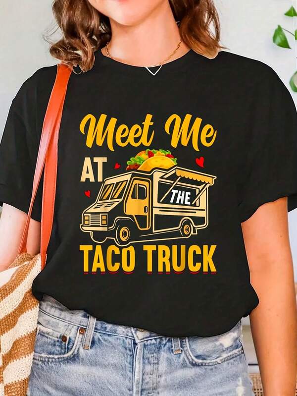 Camiseta de fiesta para mujer de alta calidad con estampado de camión de tacos y cuello redondo. |   Camiseta negra de manga corta, diseño de restaurante mexicano, patrón geométrico audaz, lavable a máquina, ropa casual, adecuada para primavera y otoño, tela suave.