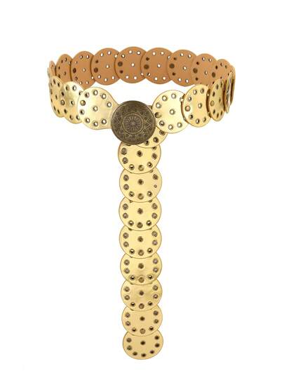 Cuiwrgrs 1 chiếc thắt lưng da PU nữ màu vàng kim, kiểu dáng Bohemian Conchos cổ điển miền Tây với khóa hoa, đa năng cho trang phục thường ngày, dự tiệc và mặc hàng ngày.