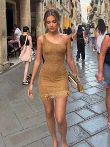 2026 Spring/Summer New Khaki Asymmetric Shoulder Knit Bodycon Dress With Tassel Trim, Showcasing Relaxed Sweet Vibe. Suitable For Women To Wear In Spring/Summer, Beach Vacation, Romantic Date, Party, Street, Casual Daily - Khaki - View 6