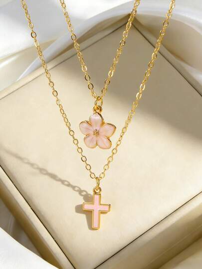 2件套精致时尚五瓣十字架吊坠项链，可爱迷人夏季饰品，甜美街头风配饰，日常佩戴佳品