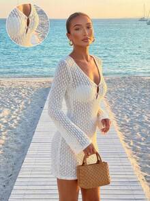 Vestido de verano nuevo con cuello en V SEREN, vestido casual y sexy para vacaciones con espalda descubierta, manga larga ajustada, calado, para vacaciones, festivales de música, vestido de playa, vestido bohemio blanco, vestido blanco mini - Blanco - Ver 2