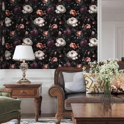Dark Floral Peel And Stick Wallpaper, Vintage Floral Contact Paper, Waterproof Self Adhesive Boho Decor Black Rose Wall Paper For Bedroom Walls Bookcase Drawers