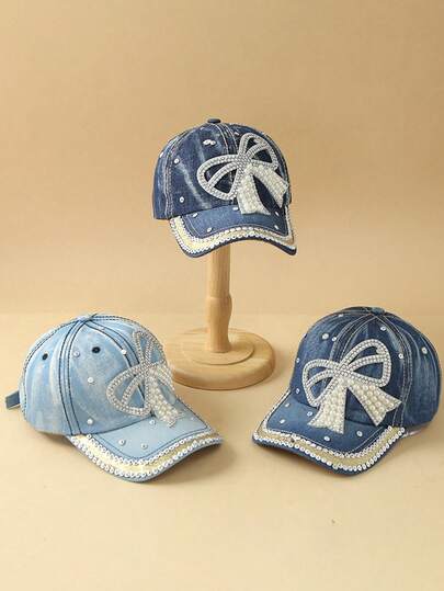 1顶Y2K千禧年复古水洗棒球帽，女士款，饰以奢华珍珠、3D蝴蝶结和星星，轻盈透气，适合户外旅行的遮阳帽，可调节弯檐休闲老爹帽