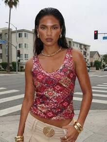 Women Sequin Tank Tops Slim Contrast Sparkly V Neck Sleeveless Vest Stylish Summer Streetwear - Rojo - Ver 2