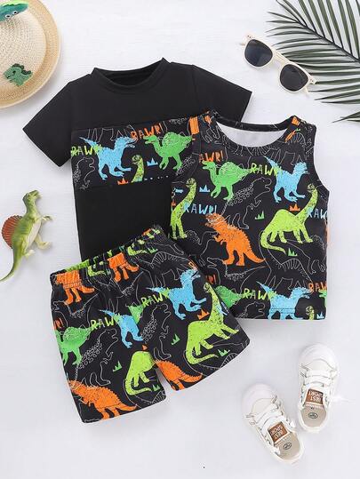 3pcs Toddler Boys' Dinosaur Print Short Sleeve T-Shirt + Vest + Shorts Set, RAWR! Dinosaur Pattern, 1-2-3 Years Old, Baby Summer Casual Sportswear