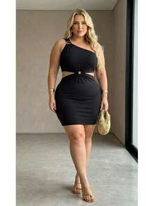 Plus Size Red Ribbed Dress With An Asymmetrical Neckline, Ring Detail And Cutout, Party Style. - màu đen - Xem 1