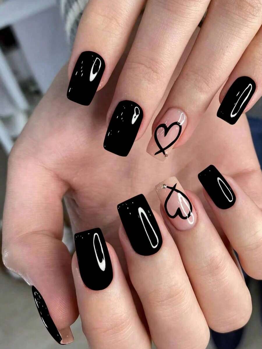 24pcs Black Square & Heart Shaped Rhinestone Nail Stickers, Made Of Acrylic Material For Perfect Fit, Includes 1 Bottle Of Glue And 1 Nail File, Suitable For Valentine's Day Wear, Daily Wear For Women And Girls, Also Suitable For Valentine's Day Party - Black - View 1