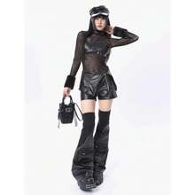 Y2K Faux Leather Leg Warmers With Pocket, Punk Slouchy Boot Covers For Streetwear & Festival Outfits - 黑色 - 查看 6