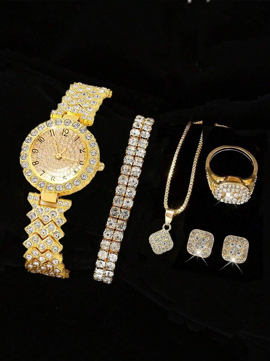 6pcs/Set Elegant Casual Luxury Women's Quartz Watches With Crystal Dial And Alloy Strap, Gift For Her - Gold - View 1