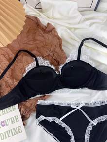 Belle Étoile 1PCS Pure And Cute Underwear Set, Women's Small Bust Gathering And Lifting Wireless Comfortable Lace Bra, Suitable For Daily Wear, Perfect For Giving To Besties, Friends, Or Lovers, The Most Sincere Gift - 黑色 - 查看 6