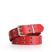 女士Y2K星形铆钉红色皮革腰带 - 朋克铆钉可调节腰带，适合搭配牛仔裤 - 紅色 - 查看 9