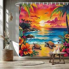 1/4 浴室帘套装,包含芙蓉花、贝壳、海龟、热带植物图案,海洋海岸蓝绿黄粉配色,可机洗夏季浴帘,配有 12 个挂钩、防滑浴室垫和 U 型马桶座套 - A - 查看 14