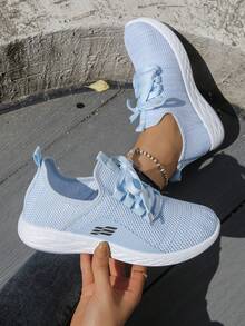 女士透气网面针织夏季运动鞋，轻便软底休闲运动鞋，学生跑步鞋 - 藍色 - 查看 4