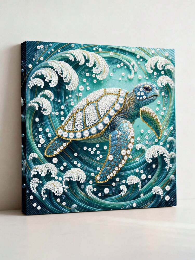 蓝色海洋主题珍珠画，儿童手工DIY海洋贴纸画，海龟和海豚创意珍珠画，适合初学者，蓝色海浪，室内装饰画，桌面摆件，儿童节、生日、惊喜礼物 - 彩色 - 查看 1