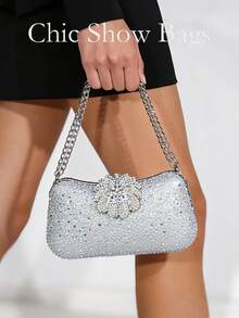 银色亮片水晶花朵手拿包 – 晚宴链条单肩包 - 銀色 - 查看 2