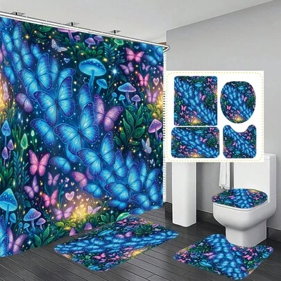 1件/4件套夏季梦幻蝴蝶图案多功能浴室装饰浴帘套装，赠送12个挂钩，营造优雅假日氛围，包含浴室地垫、U型马桶垫和圆形马桶垫，适用于各种浴室场景。